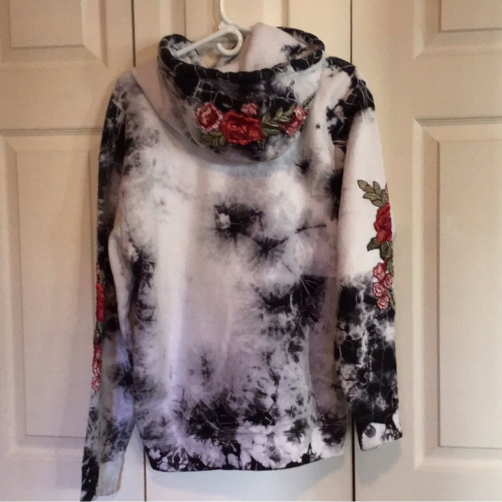Floral Embroidered Black Tie-Dye Hoodie
